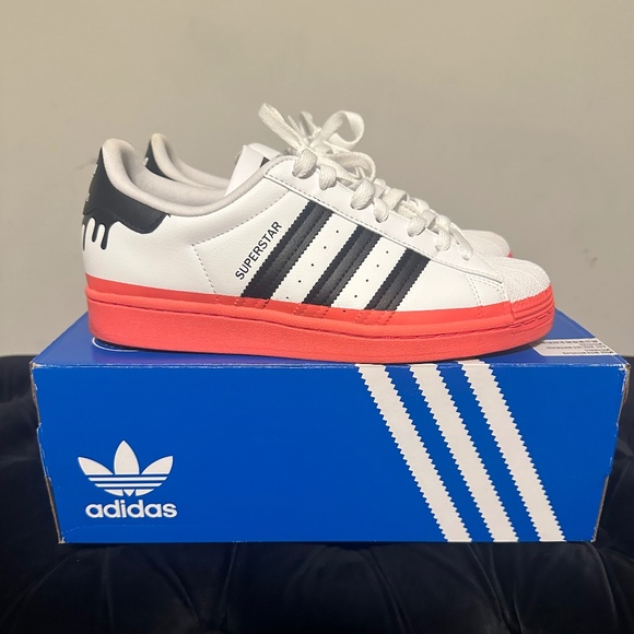 Adidas Superstar J Sneakers – White with Black Stripes & Red-ish Pink Sole - Picture 3 of 5